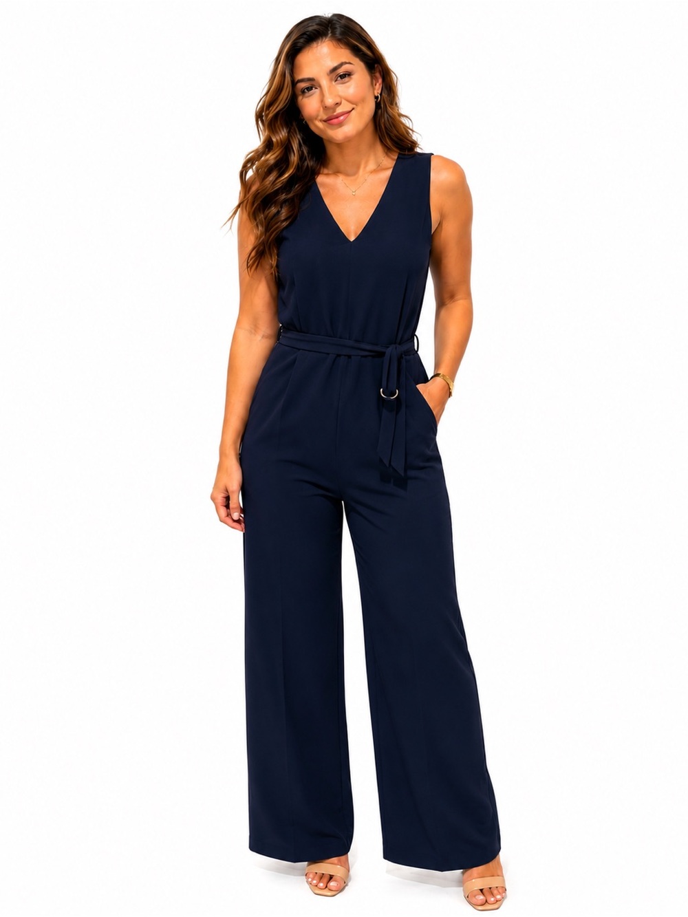 NWT Michael Kors Navy V-Neck Sleeveless Belted Jumpsuit